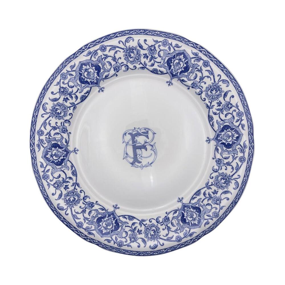 Gien France Blue & White Monogram F Dinner Plates 10.8” Set of 2